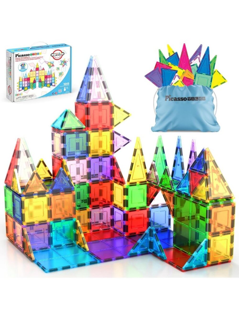 100-Piece Magnetic Building Tiles Set, Clear 3D Blocks for Kids Age 3+ - STEM